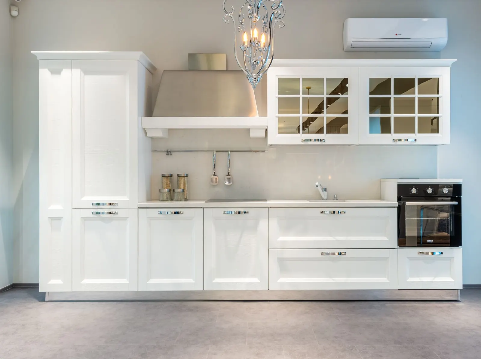 Freshly painted white kitchen cabinets